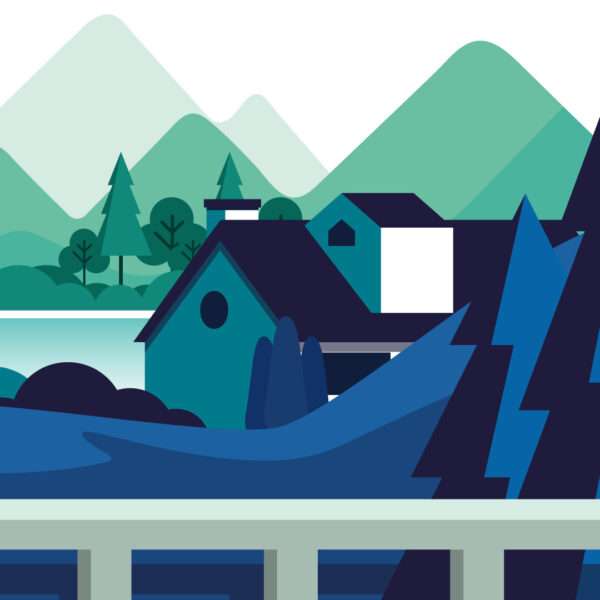 Flat Style Mountain and River Scene Illustration